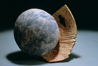 Lone Figure With Stairs & Blue Sphere, 1998, 20"x19"x5", Ceramic